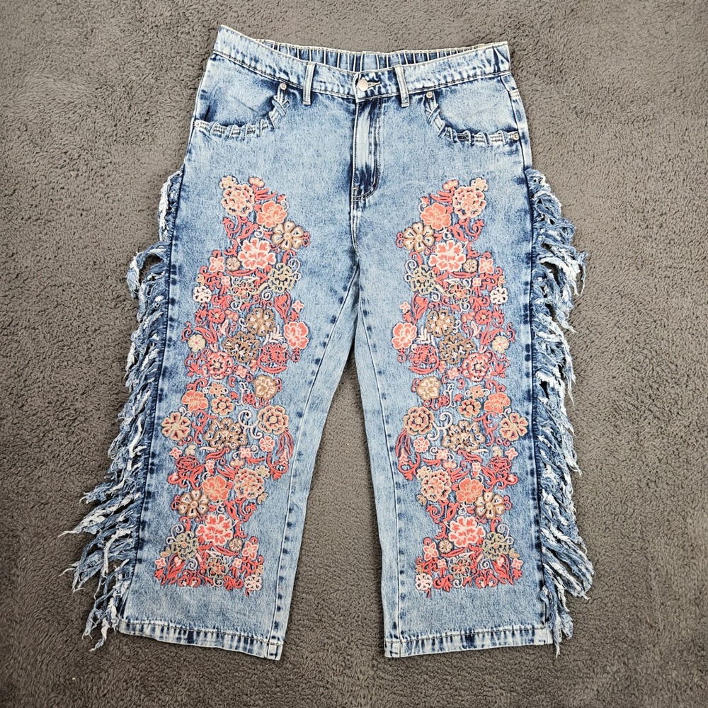 OH Jeans Womens XL Acid Wash Floral Embroidered Wide Leg Jeans